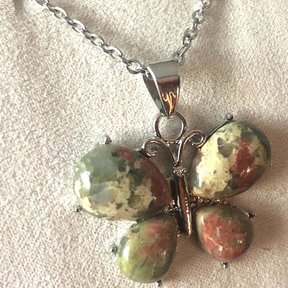 Unakite Butterfly Pendant Necklace